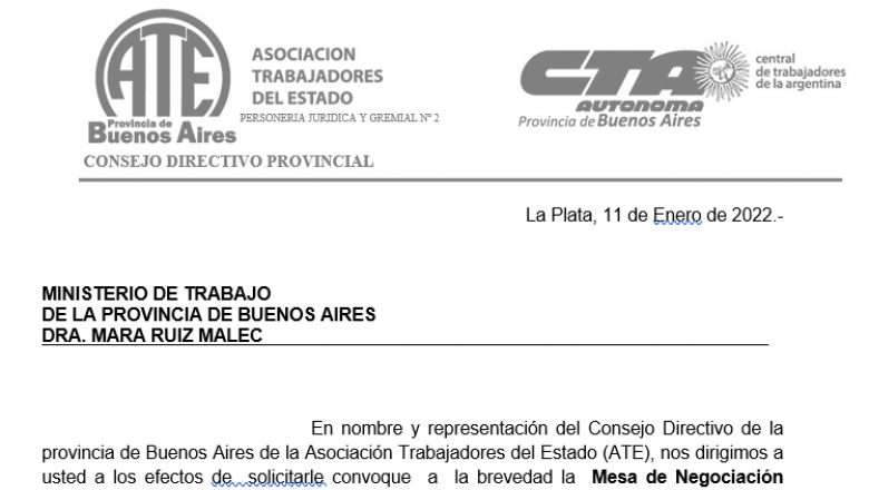 ATE solicitó que se convoque a la “brevedad” a la mesa paritaria salarial 2022
