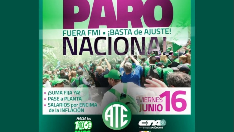 Paro nacional de ATE el 16 de junio