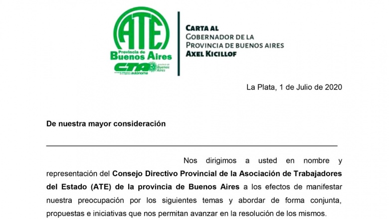 Carta de ATE bonaerense al gobernador Kicillof