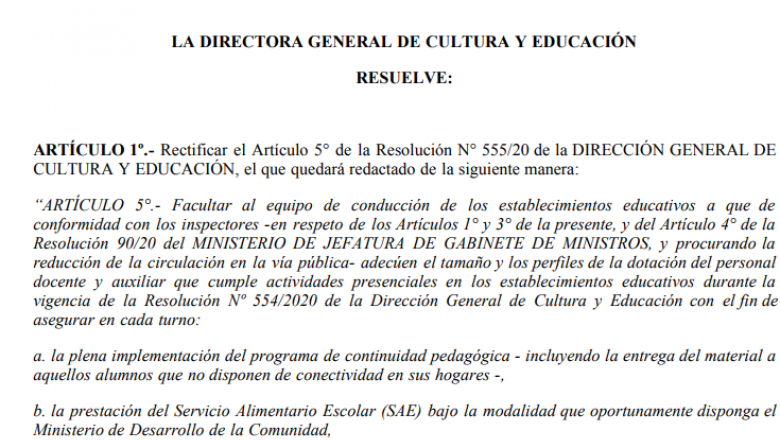 Resolución de la Directora General de Cultura y Educación respecto al ordenamiento en los establecimientos educativos