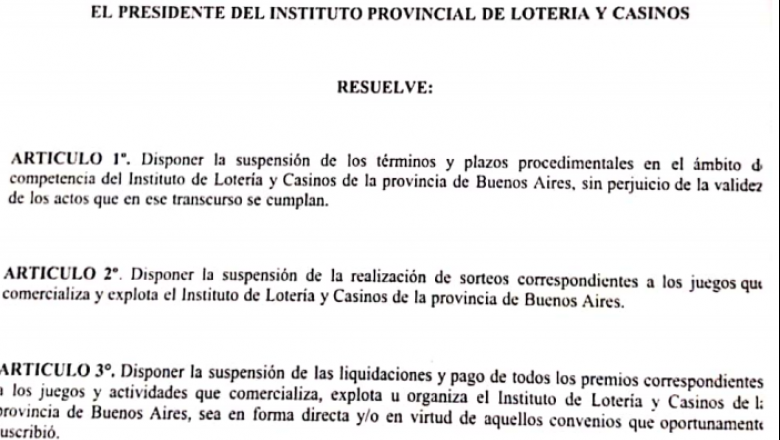 Suspensión de las actividades en el Instituto provincial de Loterías y Casinos