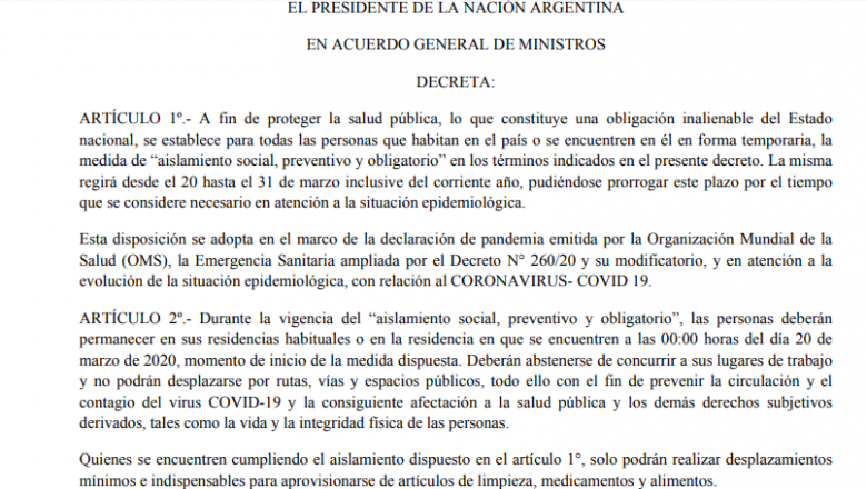 Coronavirus: decreto presidencial sobre  el “aislamiento, social, preventivo y obligatorio”
