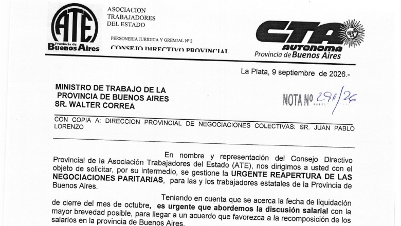 ATE pidió la "urgente" reapertura de las paritarias