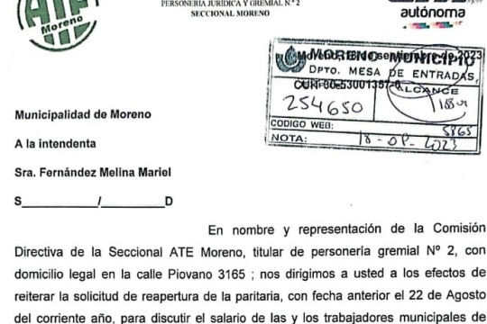 Moreno: municipales de ATE solicitan reapertura de paritarias