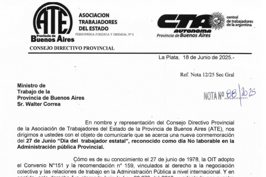 Auxiliares de educación: ATE solicitó que se reconozca como no laborable el 27 de junio
