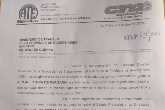 ATE bonaerense solicitó una nueva negociación paritaria