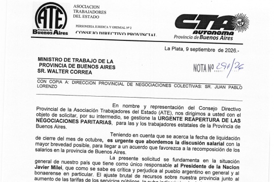 ATE pidió la "urgente" reapertura de las paritarias